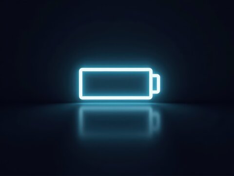 Battery icon glowing in neon blue against a dark background