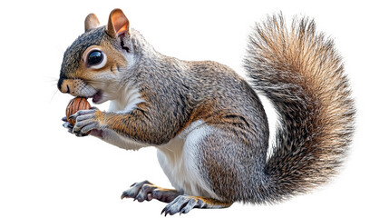 Obraz premium A squirrel eating an acorn, detailed fur and lively pose, white isolated background.