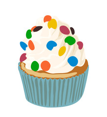 Blue Cupcake, muffin vector realistic illustration isolated on white background. Delicious dessert with whipped cream and colorful dragee topping.