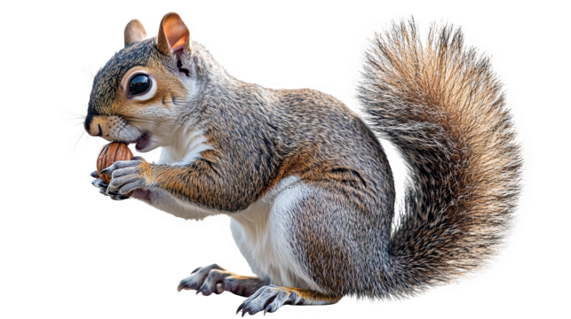 A squirrel eating an acorn, detailed fur and lively pose, white isolated background.