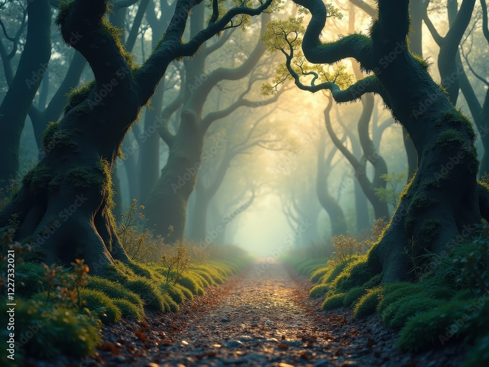 Poster misty forest path with twisting trees in a tranquil setting during early dawn