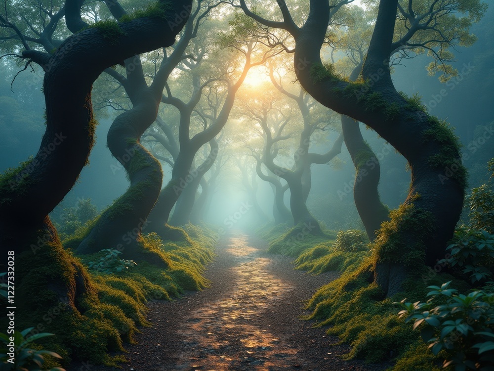 Poster mystical forest path shrouded in mist with twisting trees and soft sunlight filtering through