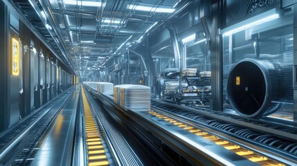 Fototapeta premium A conveyor belt transporting sealed packages in an automated industrial packaging facility