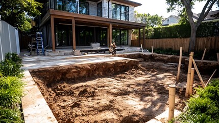 An excavation site for what appears to be a swimming pool is underway behind a modern home, showcasing earthworks and early-stage construction.