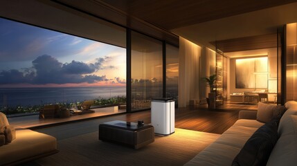 A cozy lounge in a high-end condo, showcasing an advanced air purifier with smart technology