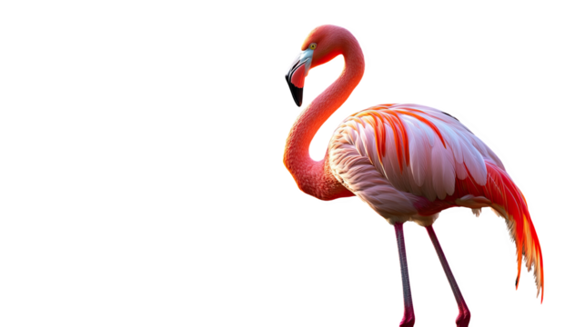 A stunning flamingo standing gracefully on a white isolated background.