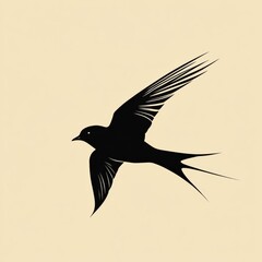 Elegant black bird soaring through a soft beige background showcasing its detailed wings and streamlined form. Generative AI