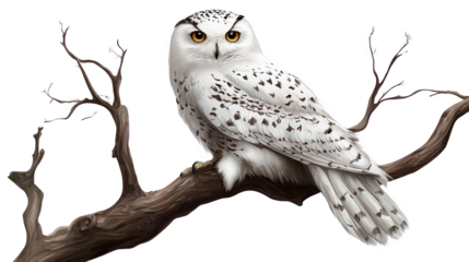 A stunning snowy owl perched on a branch against a white isolated background.