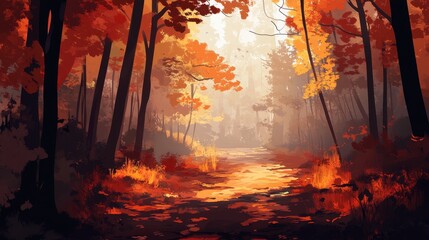 Autumn Path Through a Misty Forest of Orange and Red Hues
