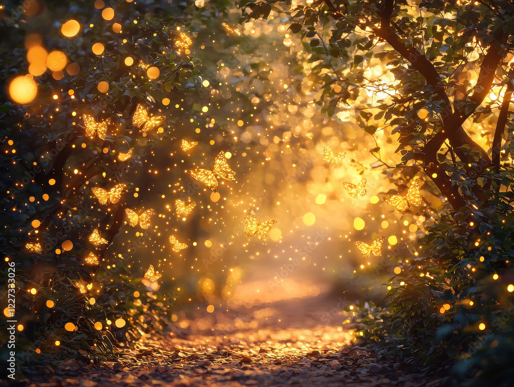 Poster mystical forest pathway illuminated by soft dawn light with glowing trees