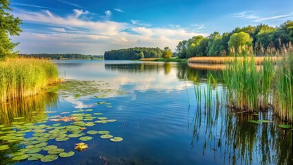Obraz premium Serene lake shore at Ruhiges Seeufer am Scharm?tzelsee in Brandenburg with tall reeds and water lilies, serene lake, water lilies