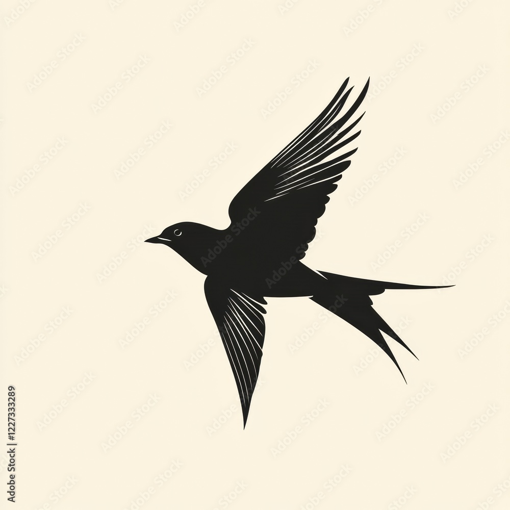 Poster bird in flight showcasing elegant wings against a neutral background with soft lines and vintage sty