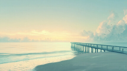 Obraz premium Serene sunrise over a tranquil beach with a wooden pier extending into calm waters and soft clouds