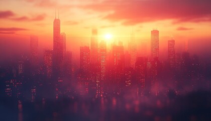 City skyline at sunset with hazy fog, dramatic orange sky