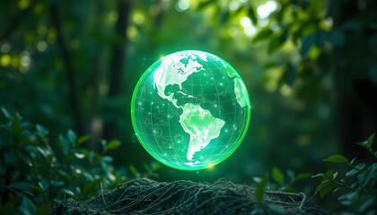 globe hologram light effects in green nature with the icon of Environment. Technology Environment for sustainable business on green company Concept , with white tonespng