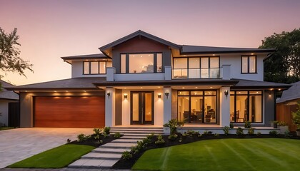 Elegant Home Exterior with Sunset Lighting and Sophisticated Modern Design