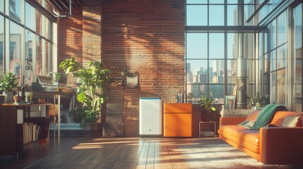 A high-end loft apartment with an ultra-modern air purifier complementing the contemporary furniture