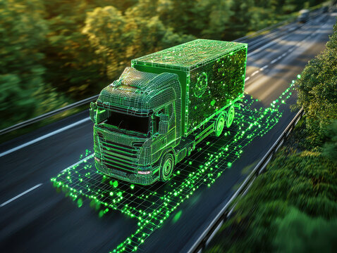 Holographic truck represents sustainable transportation above a vibrant green field