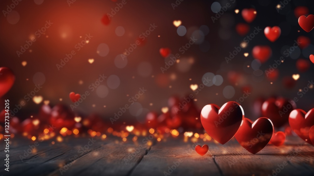 Poster festive background with floating hearts and colorful confetti creating a romantic atmosphere for cel