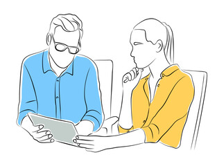 Business man and woman working together, using laptop, discussing. Line art, linear, outline, thin line, hand drawn sketching design simple vector illustrations isolated on white background.