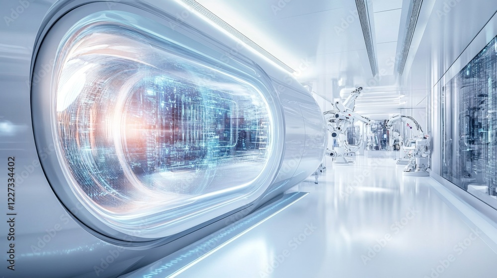Poster A sleek and modern laboratory showcases cutting-edge technology with glowing data displays. Robotic arms are actively engaged in high-tech tasks, emphasizing innovation and advanced research.