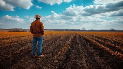 A dedicated farmer scattering seeds by hand across a rich soil field, symbolizing spring renewal with copy space