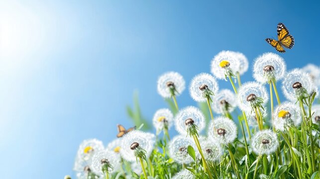 Fototapeta Sunny day, dandelion field, butterflies flying, spring background, nature scene