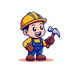 Cartoon Construction Worker Character in Safety Gear with Hammer and Wrench, Colorful and Fun Illustration for Kids
