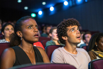 People in cinema reacting to horror movie with intense emotions
