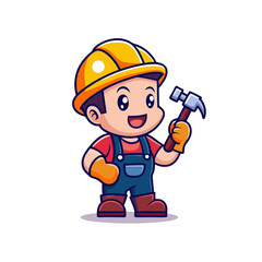 Cartoon Construction Worker Character in Safety Gear with Hammer and Wrench, Colorful and Fun Illustration for Kids