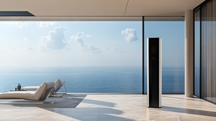A luxurious penthouse suite with a digital air purifier standing near a comfortable lounge chair