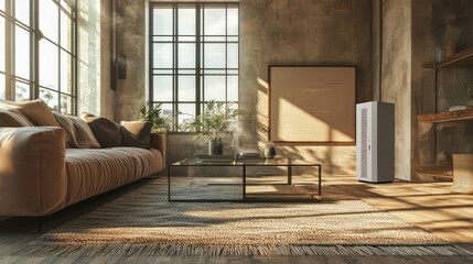 A minimalist luxury apartment with an air purifier near a glass coffee table and a plush area rug