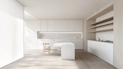 Fototapeta premium A minimalist Nordic workspace with a white desk, natural wood shelving, and bright daylight enhancing the clean aesthetic