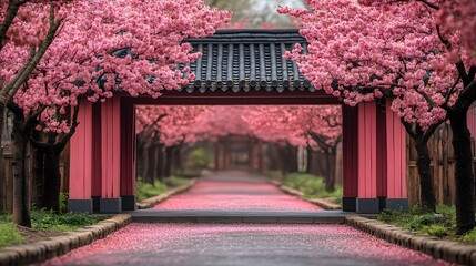 Vibrant cherry blossoms framing a serene path, perfect for a springtime scene with space for a caption