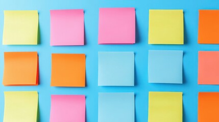 Colorful sticky notes in various shades arranged neatly on a blue background, perfect for organization and brainstorming.