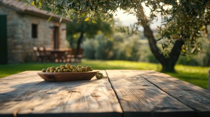 Wooden table with olives