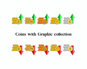 Set of currency like dollar, rupiah, yen, yuan, euro in coins stack with up and down arrows on white background