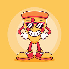 Cool and Stylish Cartoon Pizza Slice Wearing Sunglasses, Fun and Playful Cheesy Character with a Confident Smile, Trendy Food Mascot for Restaurants, Food Delivery, and Snack