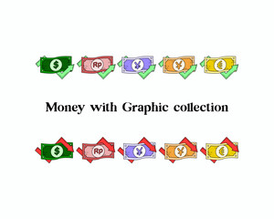 Set of currency like dollar, rupiah, yen, yuan, euro with graphic up and down on white background