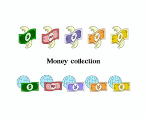 Set of money currency like dollar, rupiah, yen, yuan, euro with wings and globe on white background