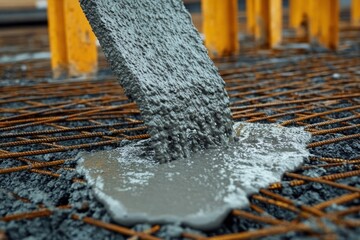 Concrete Pouring on Rebar Mesh in Construction