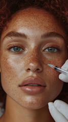 Woman Receiving a Botox Injection in the Forehead at a Luxury Clinic – Perfect for Advertising, Banners, Medical Stock Photography, and Beauty Marketing