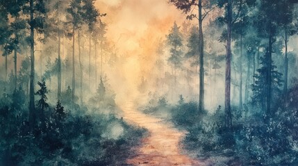 Fototapeta premium Misty Forest Path: A Watercolor Dream