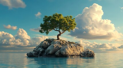 A small tree sprouts on a mound of coins by the water's edge, symbolizing wealth and prosperity. The serene landscape, with clouds drifting and a calm sea, evokes a sense of tranquility