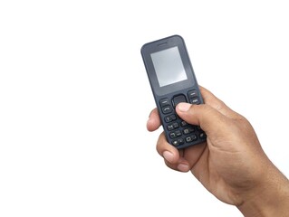 Hand holding old handphone isolated on white background 