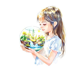 Dreamy Girl with Glass Orb Containing Nature Scene