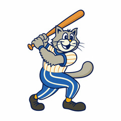 Energetic Cartoon Cat Mascot Playing Baseball, Sporty and Playful Feline Character with a Baseball Bat and Cap, Fun and Competitive Athletic Cat Logo for Team Sports and Merchandise
