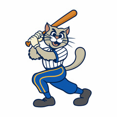 Energetic Cartoon Cat Mascot Playing Baseball, Sporty and Playful Feline Character with a Baseball Bat and Cap, Fun and Competitive Athletic Cat Logo for Team Sports and Merchandise