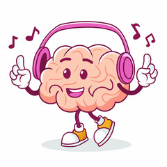 Cool and Fun Cartoon Brain Mascot Listening to Music, Smart and Relaxed Character Wearing Headphones, Playful and Creative Intelligence Icon for Learning, Entertainment, and Mindfulness
