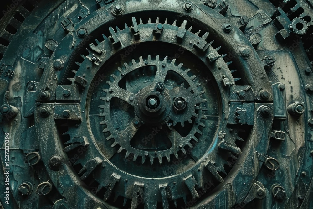 Poster close up view of a complex system of interlocking gears, showcasing the intricate workings of a mech